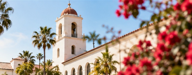 Illustrative view of SDSU-inspired campus architecture and palms
